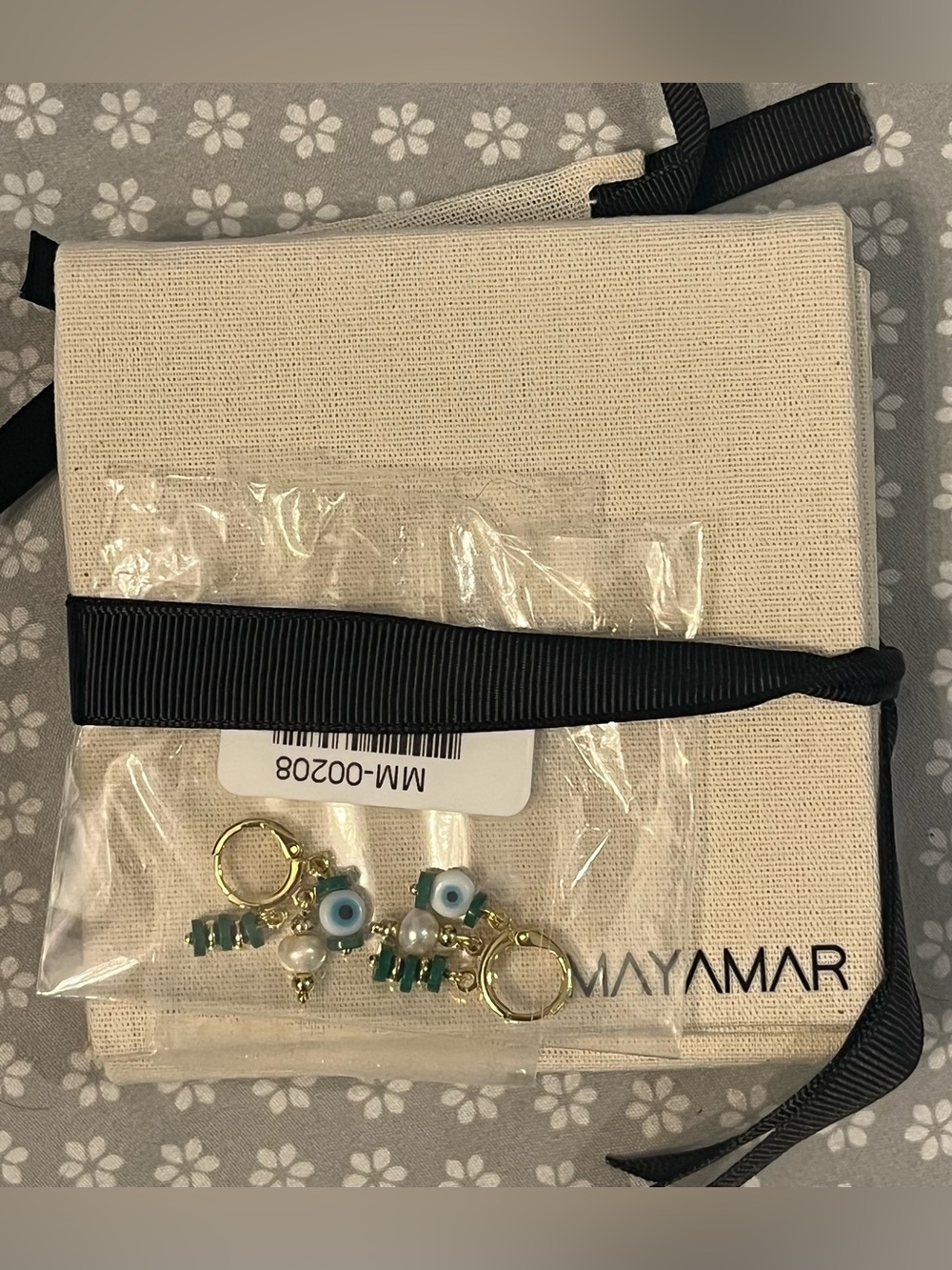 Gold & Green Beaded Evil Eye Earrings Mayamar New w/box